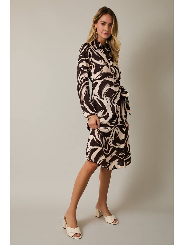 COLLAR LONG SLEEVE WAIST TIE BUTTON UP ABSTRACT MIDI DRESS for wholesale on Faire2