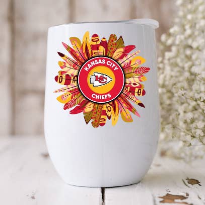 Kansas City Chiefs Football Feathers 12oz Wine Tumbler for wholesale by Dogwood Graphics & Design
