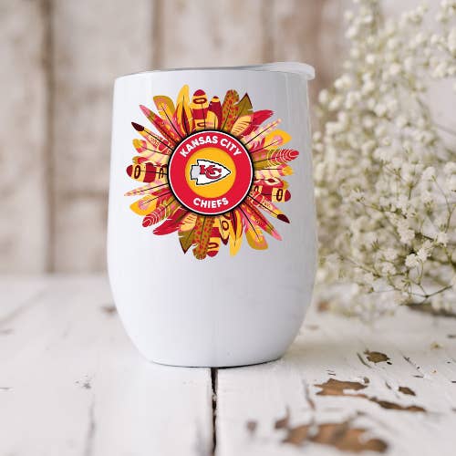 Kansas City Chiefs Football Feathers 12oz Wine Tumbler for wholesale by Dogwood Graphics & Design