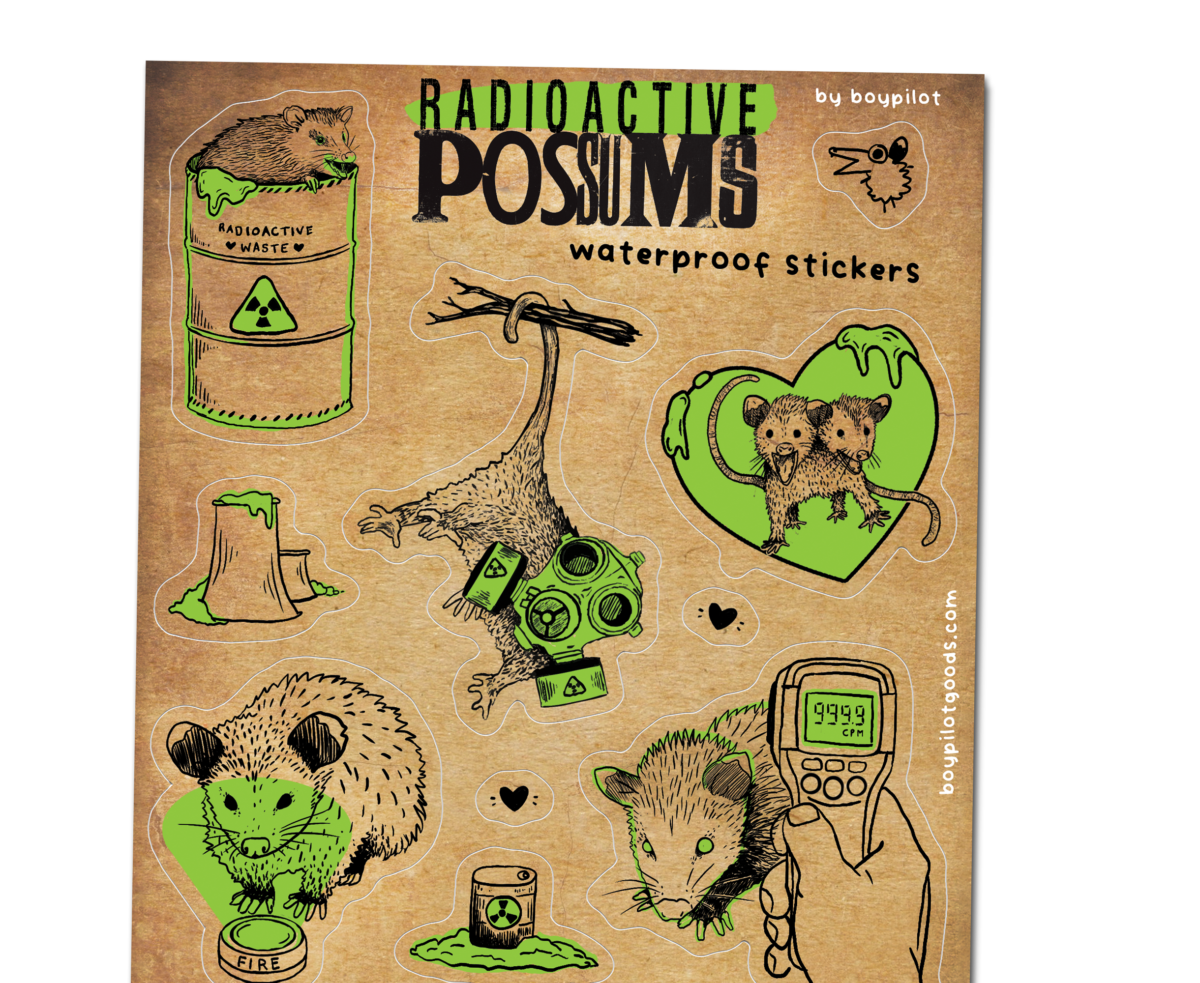 BoyPilot Goods - Wholesale Sticker - Radioactive Possums Sticker Sheet - Waterproof Vinyl4