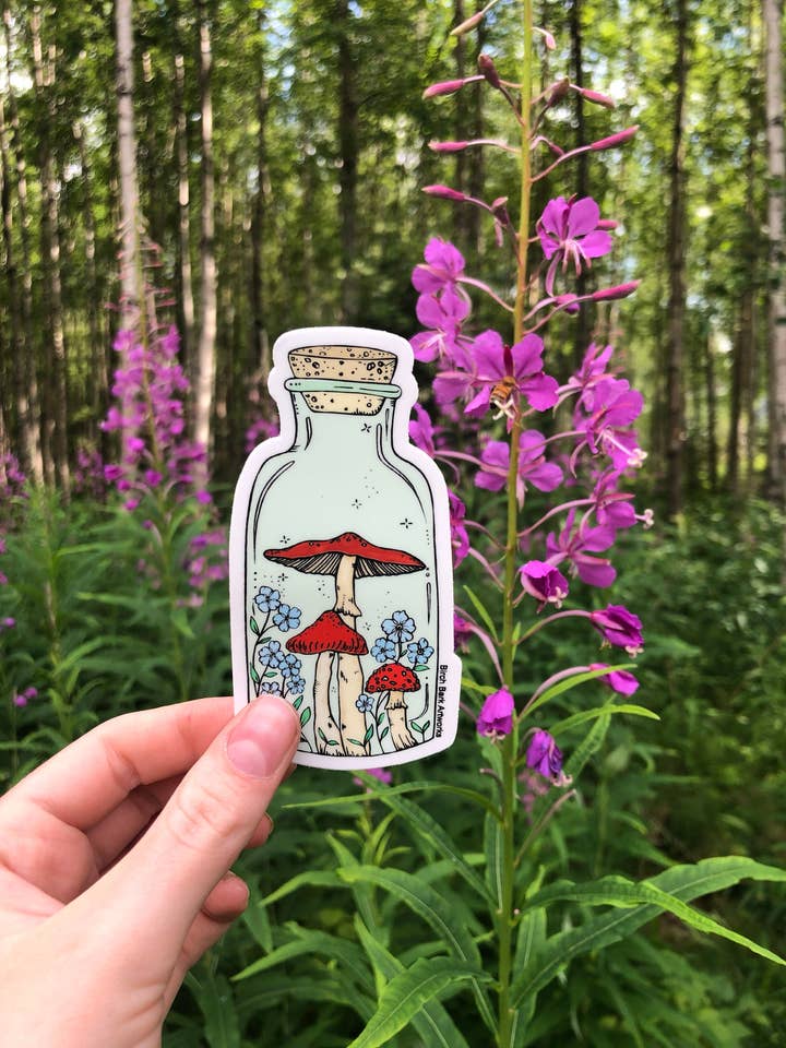 Mushroom Jar Sticker for wholesale by Birch Bark Artworks