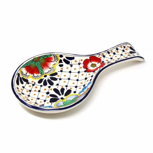 Global Crafts - Wholesale Spoon Rest - Encantada Handmade Pottery Spoon Rest, Dots & Flowers0