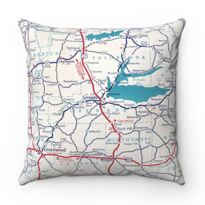 Grenada Mississippi Map Pillow – 18" Square Throw Pillow for wholesale by Daisy Mae Designs