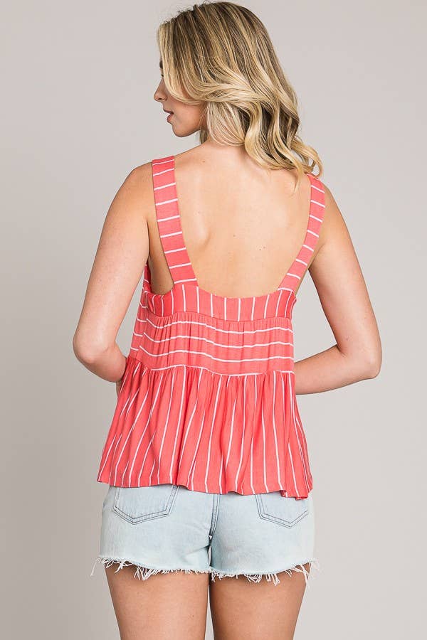 Cerule - Wholesale Tank Top - Women's - Striped Sleeveless Open Back Baby Doll Knit Tank Top6