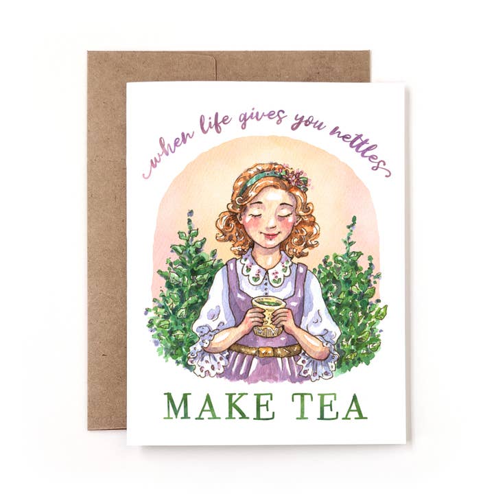 Créer une carte d'encouragement florale aquarelle fantaisiste "Make Tea". pour la vente par Nettles & Lace Paper Co.