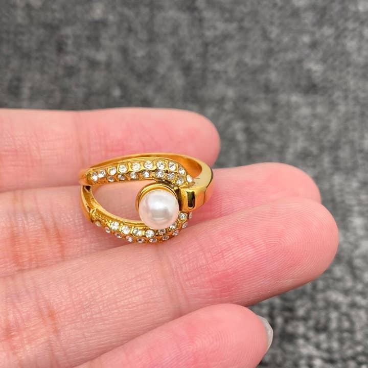 Inlaid Pearl & CZ 18K Gold Plated S.Steel Geometric Ring-FGS for wholesale by Mio Queena