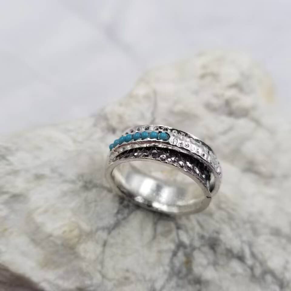 The Pretty Jewellery - Vente Anneau/bague à empiler - Bague Spinner à texture turquoise - Taille 6-113