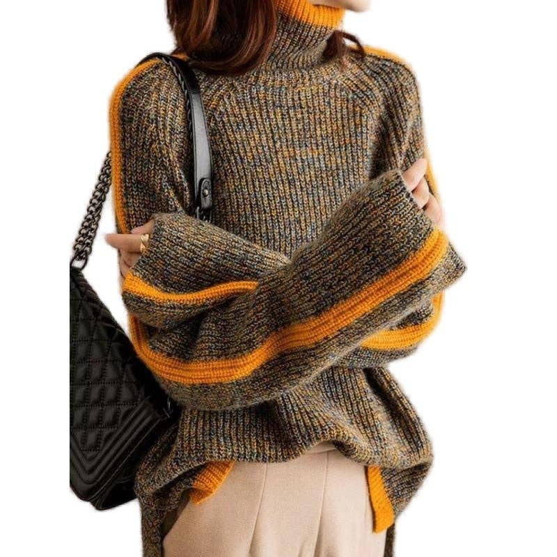 KAFFE Förtjockad turtleneck lös passform Färgblock Vintage stickad tröja för wholesale på Faire1