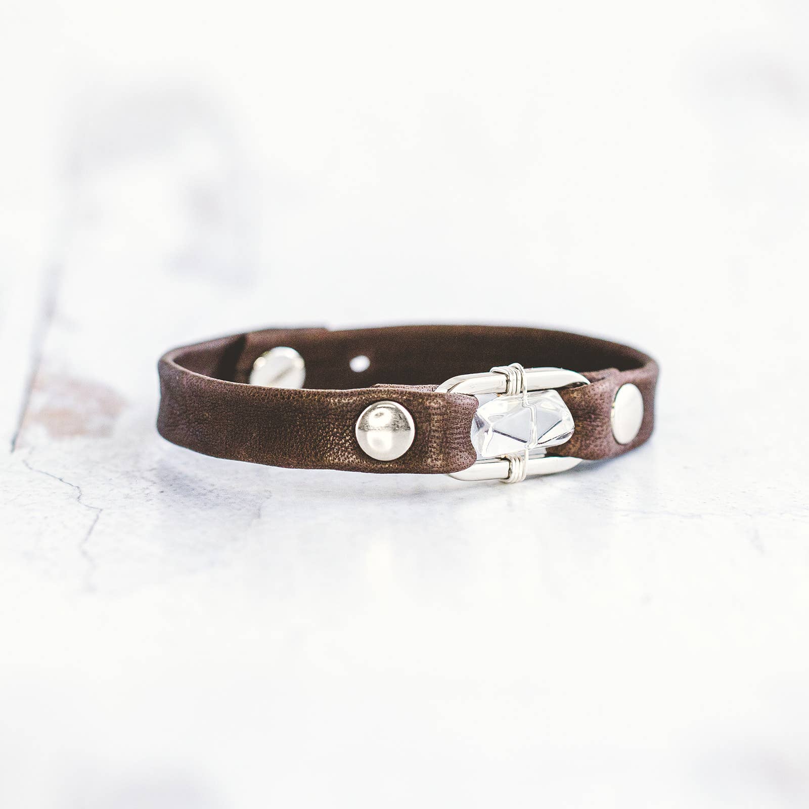Giving Bracelets - Wholesale Bangle Bracelet - Desert Rose Leather Bracelet - Silver - Clear Quartz15