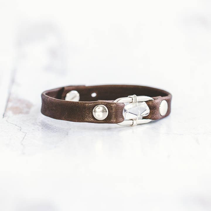 Giving Bracelets - Wholesale Bangle Bracelet - Desert Rose Leather Bracelet - Silver - Clear Quartz15