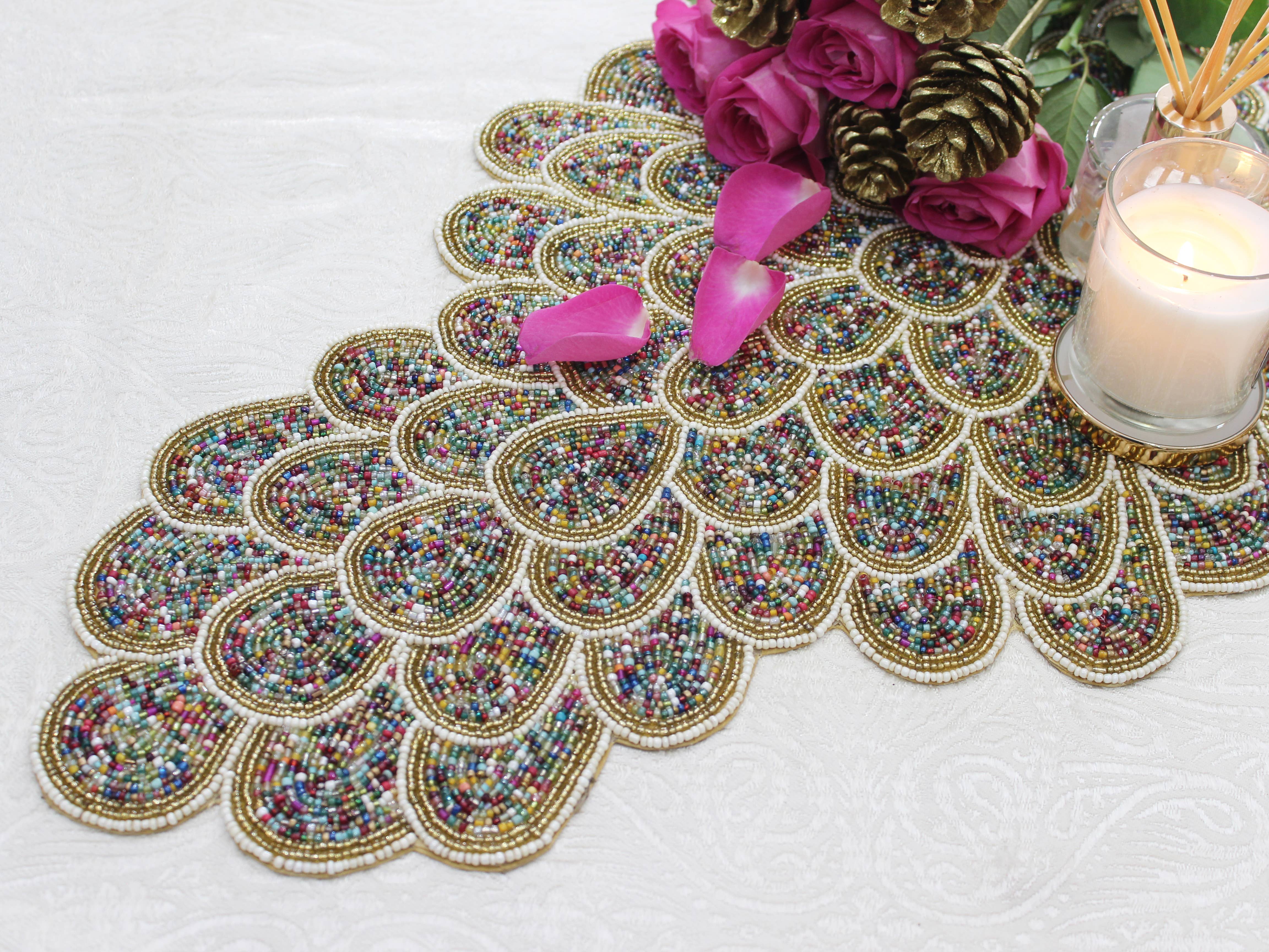 Rosenbelle London – wholesale Table runner – White & Gold Multicoloured Petals Handmade  Table Runner2