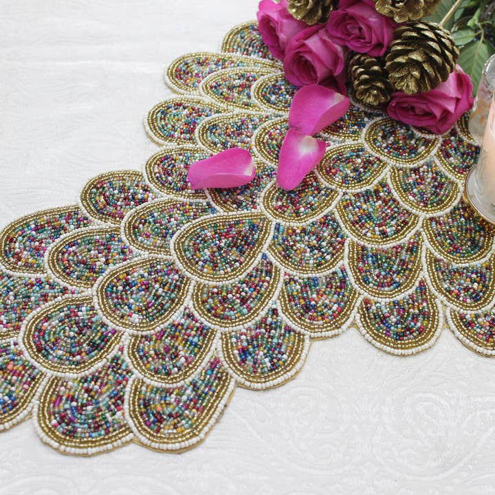 Rosenbelle London – wholesale Table runner – White & Gold Multicoloured Petals Handmade Table Runner2