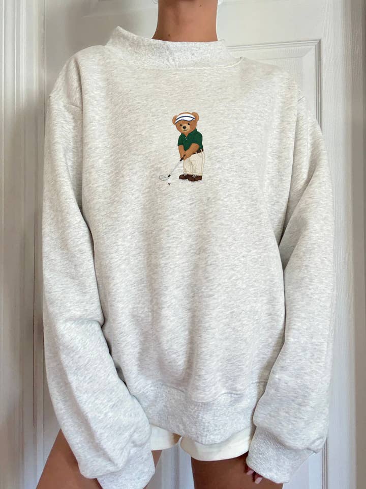 Sunkissed Coconut - Wholesale Sweatshirt - Women's - Pearl Grey Classic Teddy Bear Golf Embroider Mockneck Sweatshirt