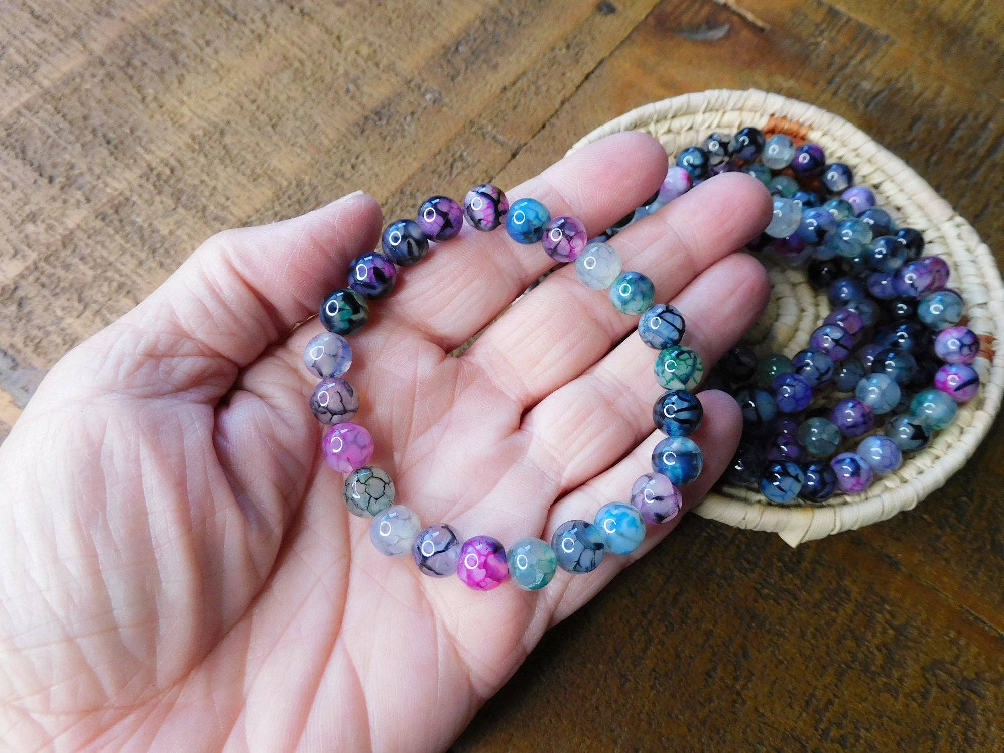 Superior Stones & Gifts INTL LLP - Wholesale Beaded Bracelet - Gemstone Stretch Bracelet Rainbow Black Crackle Agate Enhanced2