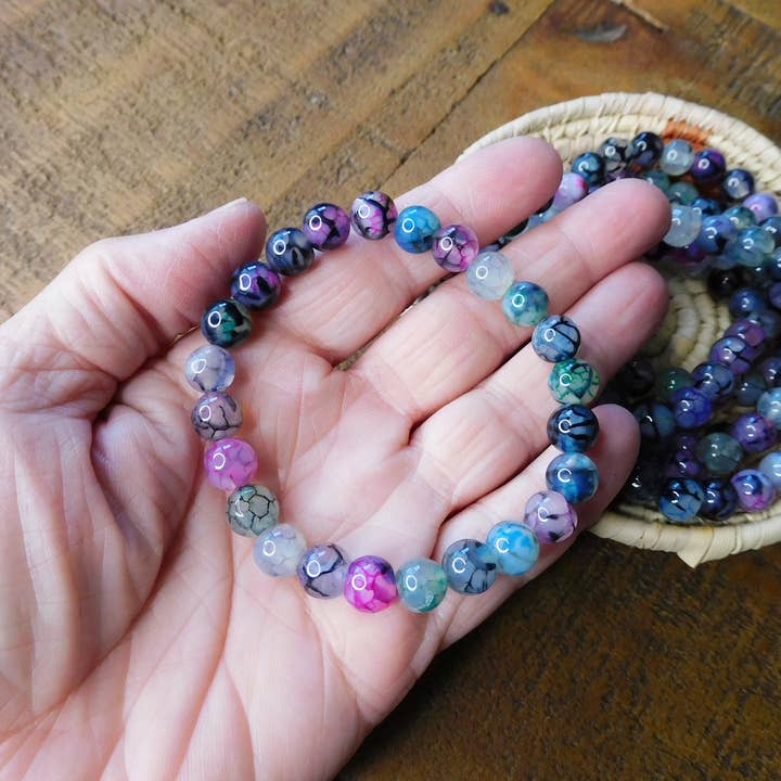 Superior Stones & Gifts INTL LLP - Wholesale Beaded Bracelet - Gemstone Stretch Bracelet Rainbow Black Crackle Agate Enhanced2