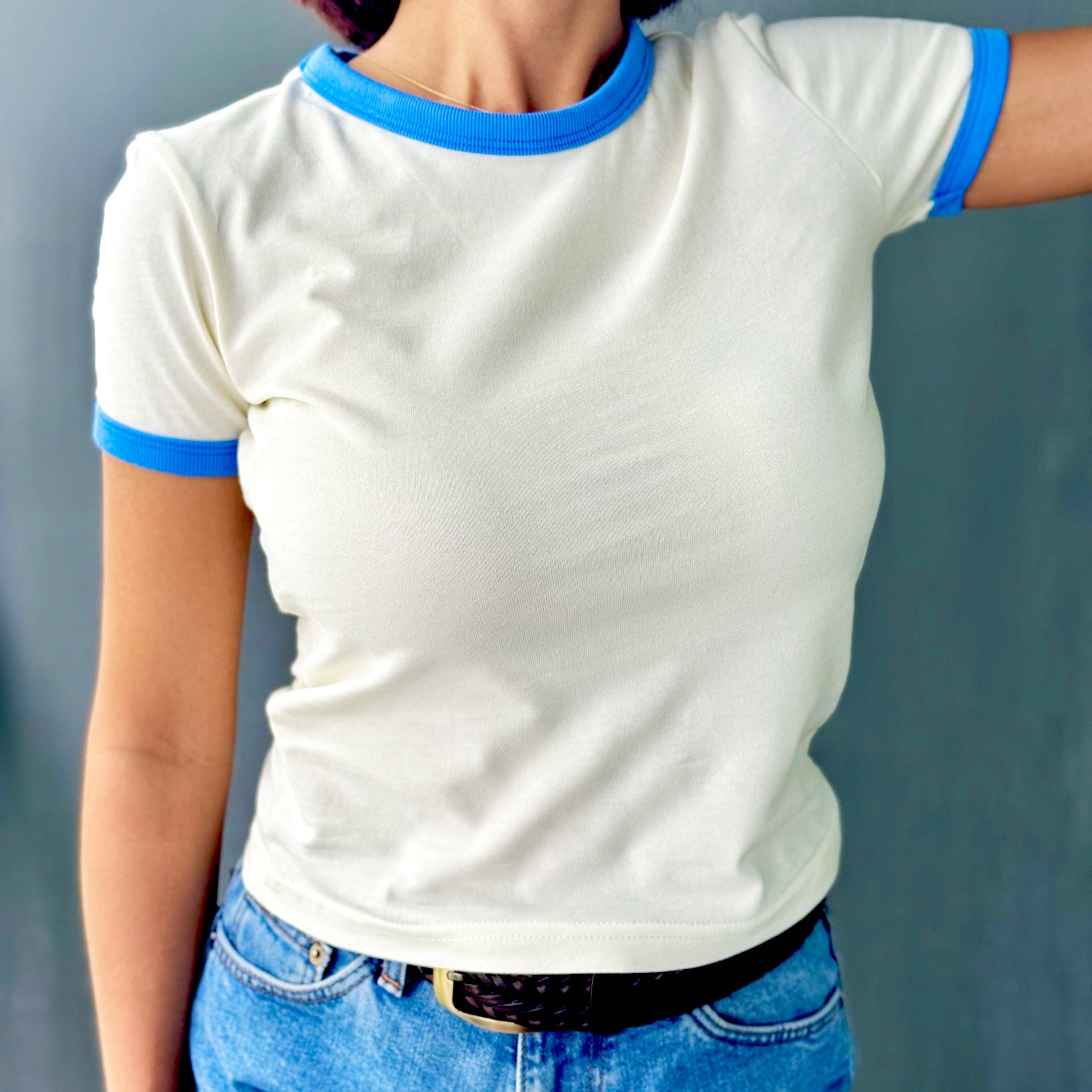 Artree - Wholesale T-shirt – women's - Ringer Tee Blank Off White Blue Women's Fitted Top6
