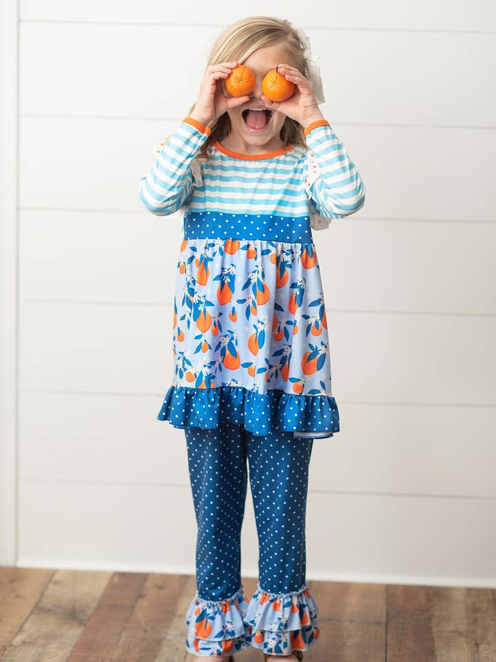 Kids Blue & Orange Ruffle Two Piece Fall Pant Set for wholesale by Adorable Sweetness