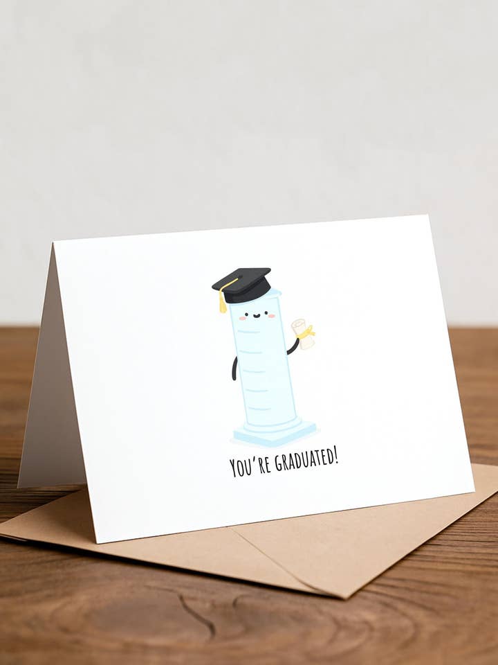 Carte de remise des diplômes : Design humoristique de cylindre gradué en chimie pour la vente par Chewy Lemon Studio