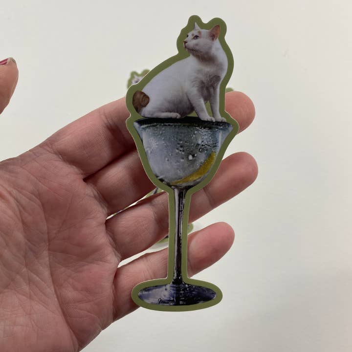 Maureen Shields – wholesale Sticker – White Cat on Martini Glass with a Twist Sticker