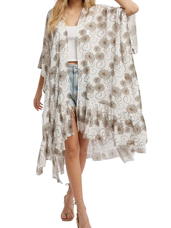 Floral Print Ruffled Kimono Cardigan for wholesale by Vanilla Monkey