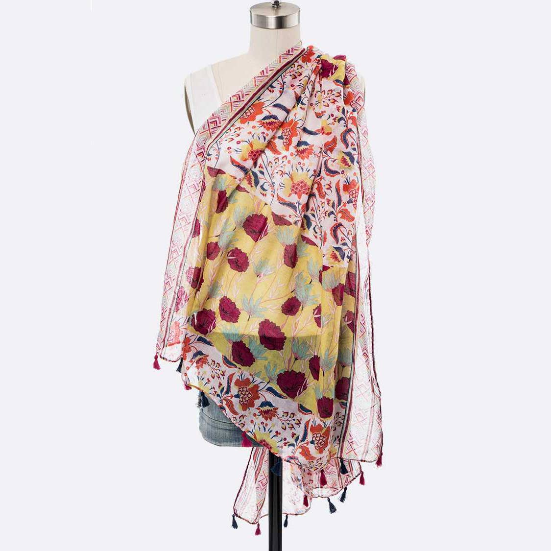 Artini Accessories - Wholesale Scarf - Women's - Mix Flower Print Large Tassel Scarf1