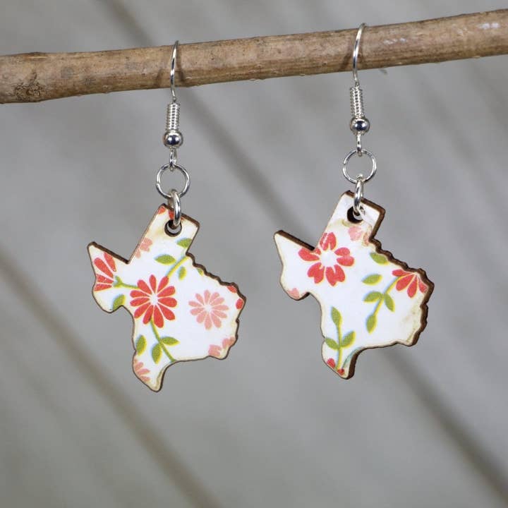 Red and Green Floral Texas State Wooden Dangle Earrings for wholesale by Cates Concepts