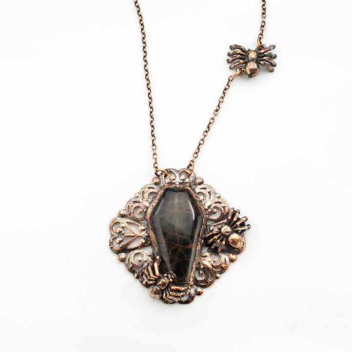 Spiderman Jasper Coffin Filigree Pendant w/ Spiders for wholesale by The Wacky Wanderers