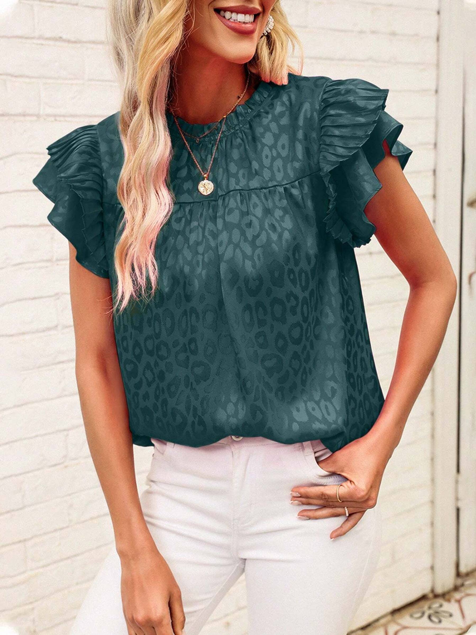 Wholesalesir - Wholesale Blouse - Women's - Printed Lotus Leaf Sleeve Wave Neck Women's Top3