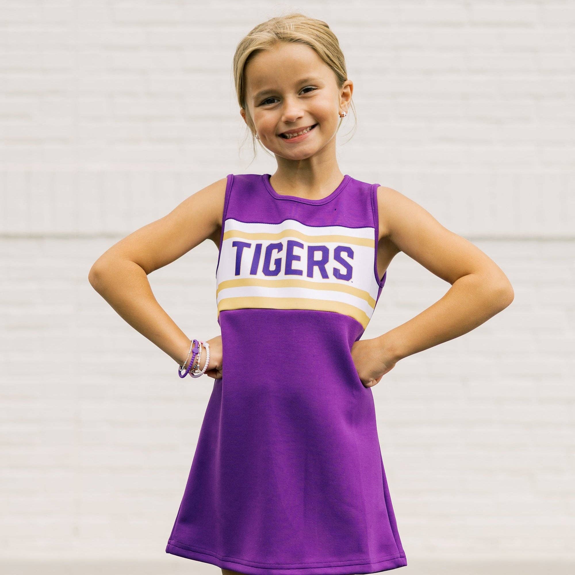 Scarlet & Gold - Wholesale Athletic Dress - Kids - The LSU | Purple Striped Cheer Dress1