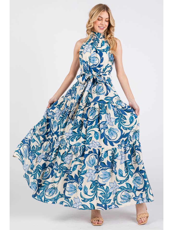 B I G H I T Fashion - Wholesale Dress - Women's - Floral Print Halter Neck Tiered Maxi Dress HD2970-BLUE
