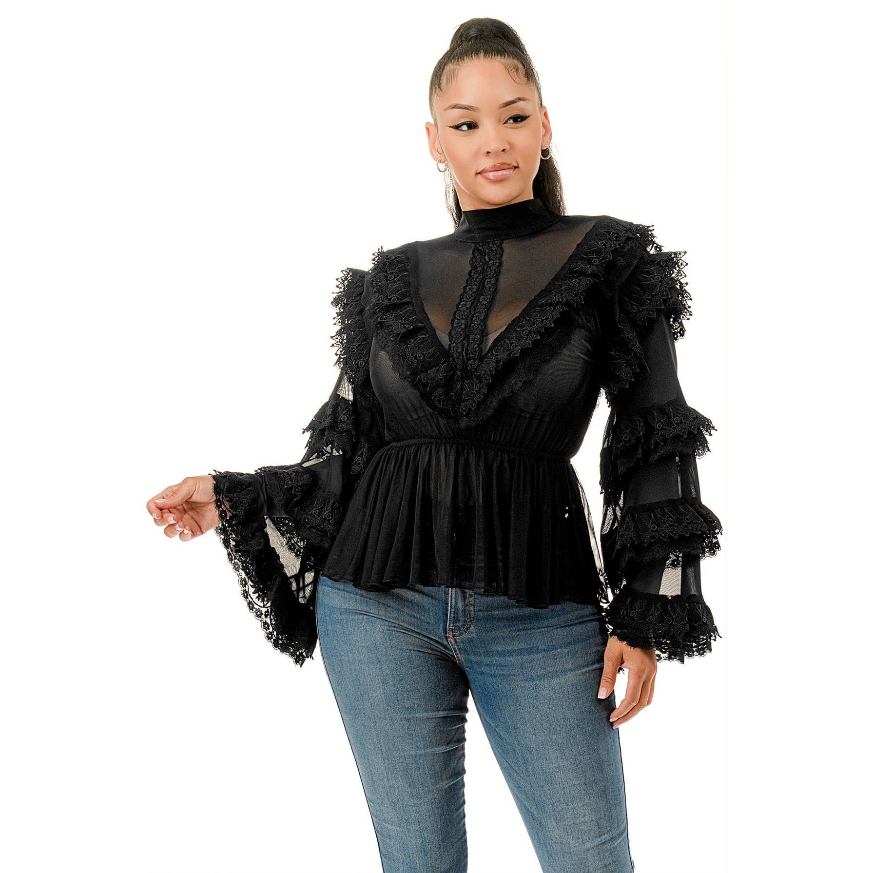 DORCAS - Wholesale Blouse - Women's - Plus Size Long Sleeve Ruffle Lace Blouse Top5