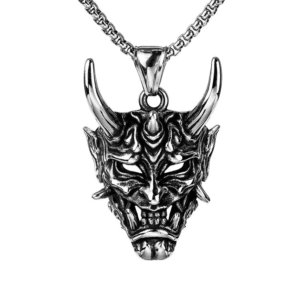 Gemcohub - Wholesale Pendant/Charm Necklace - Vintage Stainless Steel Men's Japanese Hannya Mask Necklace0