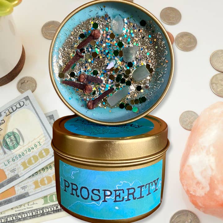 Raven’s Hearth - Wholesale Travel Candles - Prosperity Crystal Candle | Manifestation | Vegan