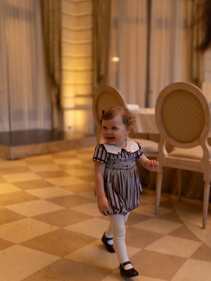 MARINE STRIPE BLUE BURGUNDY SMOCKED ROMPER for wholesale by Antoinette Paris