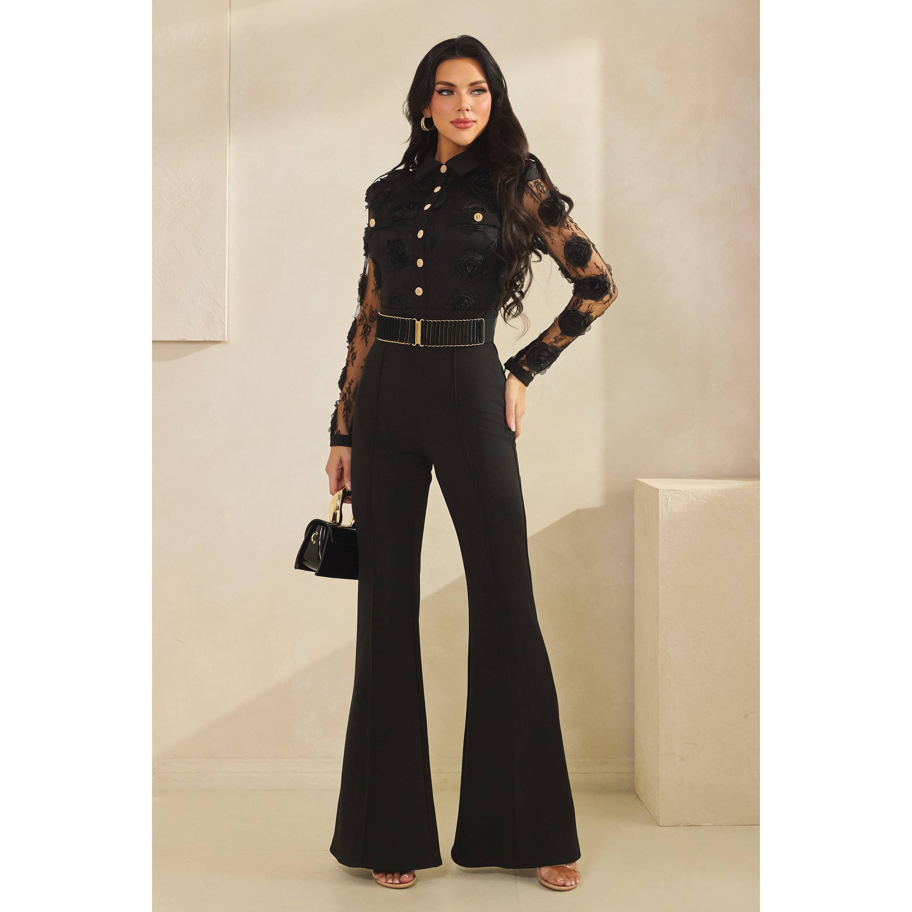 BLACK Long Sleeve 3d Lace Shirt Jumpsuit for wholesale on Faire2