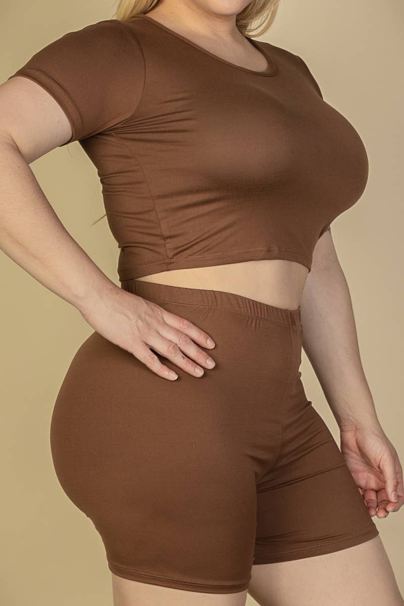 CAPELLA APPAREL - Wholesale Activewear Set - Women's - Plus Active Short Sleeve Crop Top shirt & Biker Shorts Set11