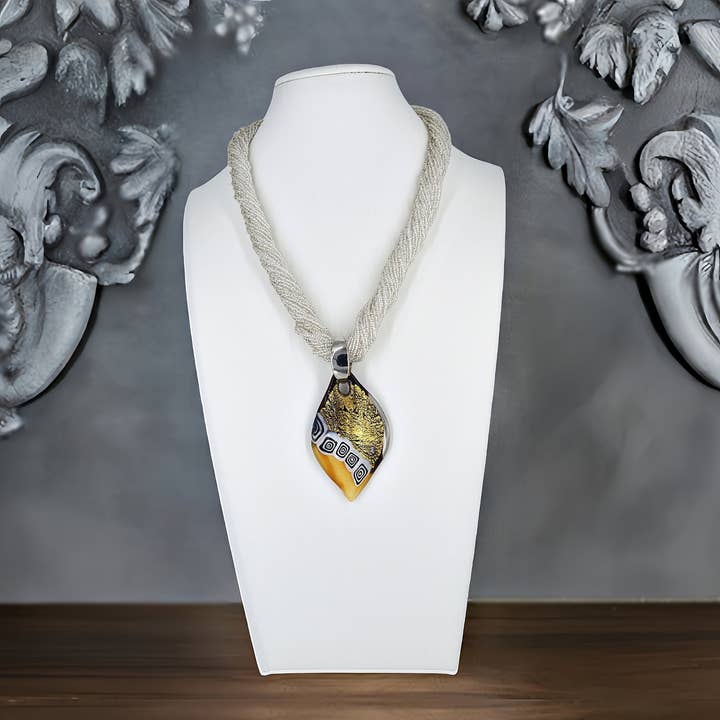 Silver Italian Seed Bead Multi-Strand Necklace with Large Orange and Black Murano Glass Pendant for wholesale by Viktoria Simonë