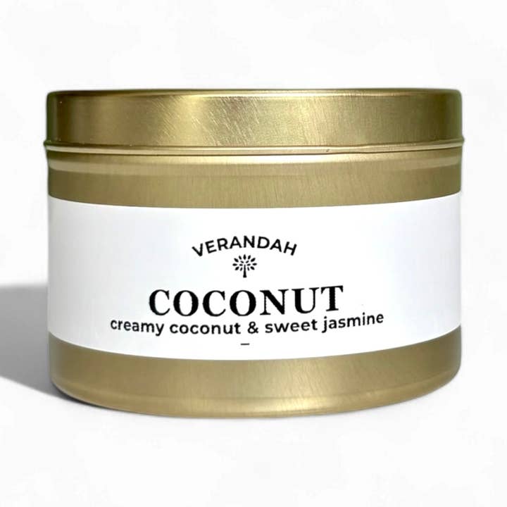 Soy Coconut Hand poured 6 oz Candle- Gold Tin for wholesale by Verandah Candle Company