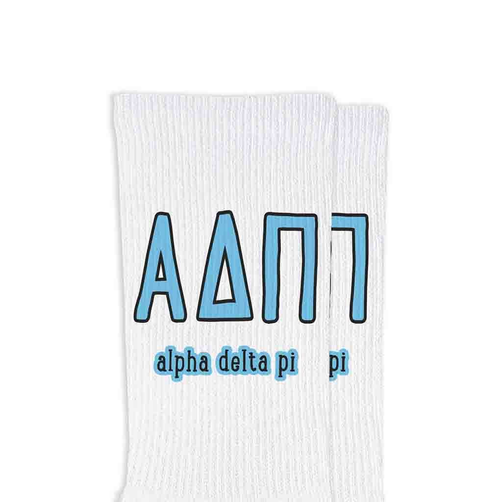 White Sorority Crew Socks with Name and Letters in Sorority Colors for wholesale on Faire1