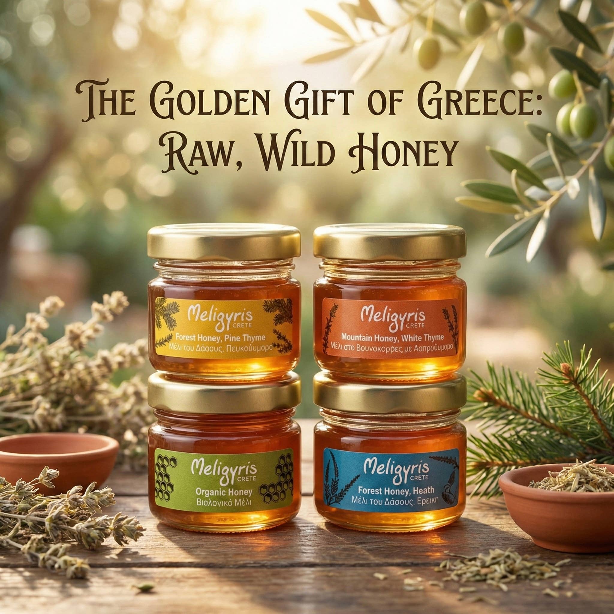 ALETA FARMS - Wholesale Honey - 4 Seasons Raw Greek Honey Gift Box – 4 Mini Jars (30g Each)5