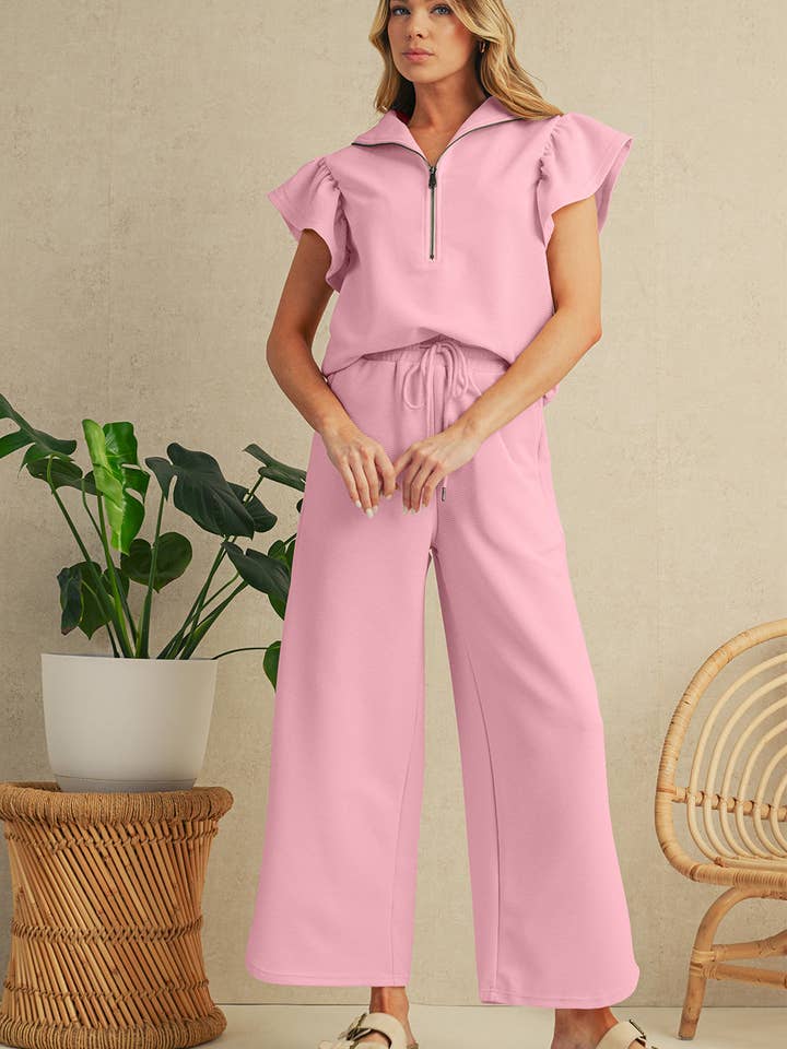 Pink Textured Ruffle Sleeve Zipped Top and Wide Leg Pants Set for wholesale by Kustom Kreations Goods