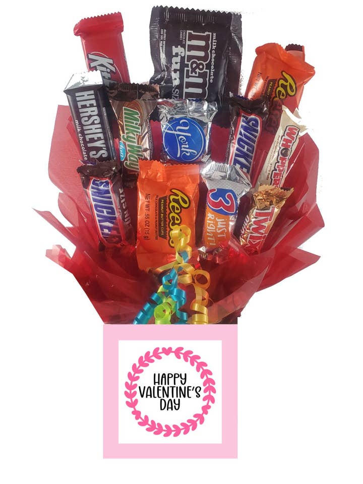 Chocolate Candy Bouquet in Val Day Circle box (12 pc candy) for wholesale by So Sweet of You