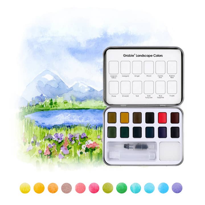 Grabie - Wholesale Watercolor Paint - Watercolor Pocket Set Of 12 With Brush - Landscape Colors0