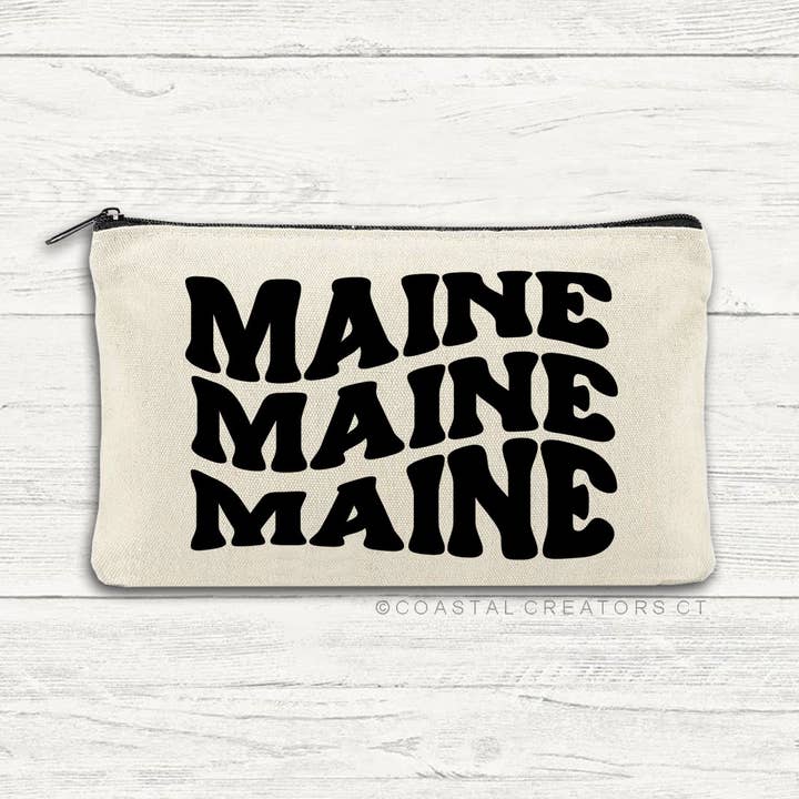 Maine with Wavy Text Multi-Use Canvas Zipper Bag for wholesale by Coastal Creators of Connecticut