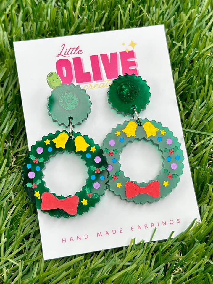 Hand Painted Christmas Wreath Earrings - Festive Elegance for wholesale by Little Olive Creates