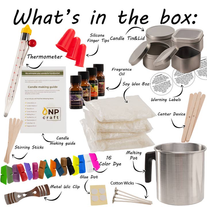 Lelaffet - Wholesale DIY Craft Kit - Candle Making Kit, Soy Wax, 16 Color Dyes, Thermometer, Tins