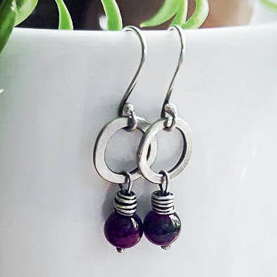 Sterling Silver Circle and Garnet Drop Earrings - Un Petit for wholesale by Andewyn Moon
