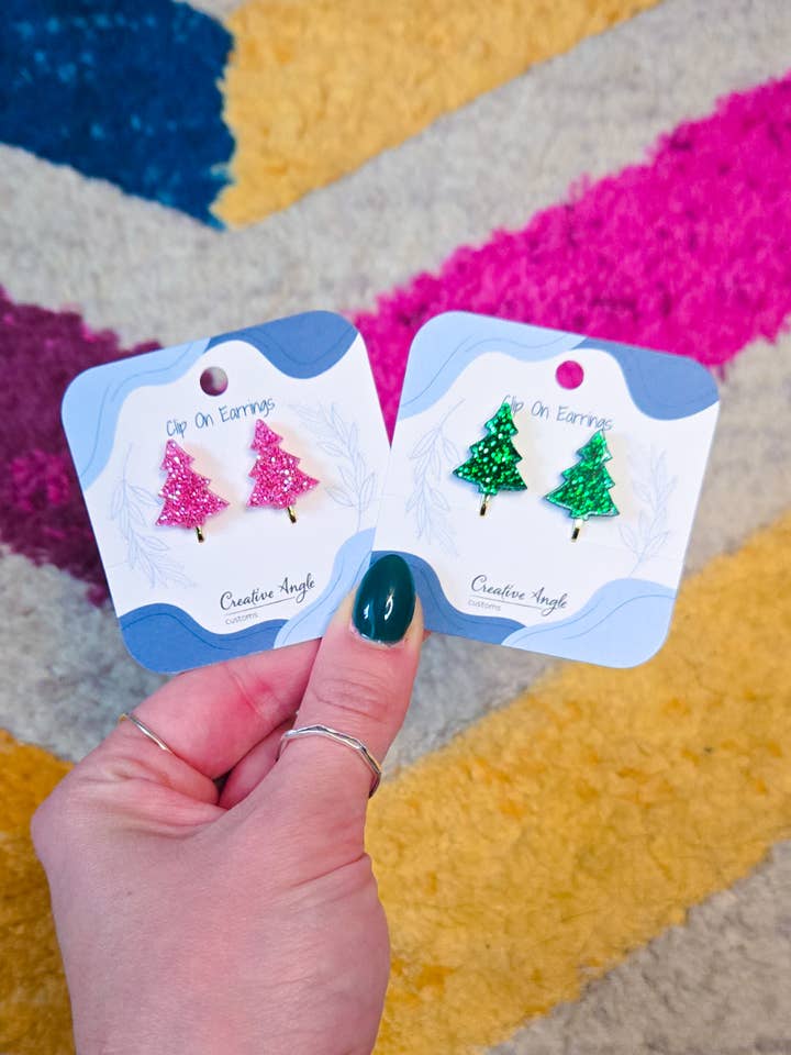 Clip On Glitter Christmas Tree Earrings | Nickel Free for wholesale by Creative Angle Customs