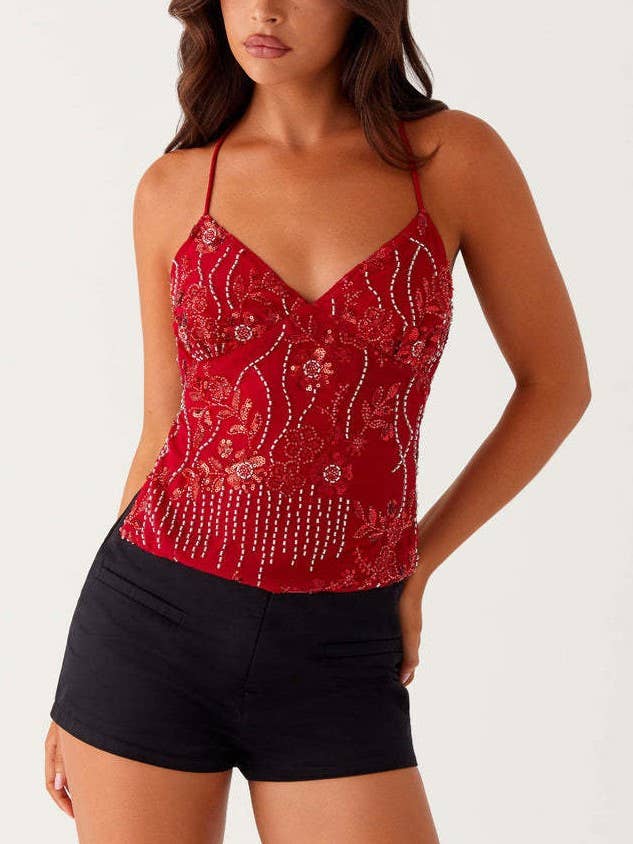 Rosa Clothing - Wholesale Tank Top - Women's - Sequin Floral Embroidery V-Neck Crop Tank Top