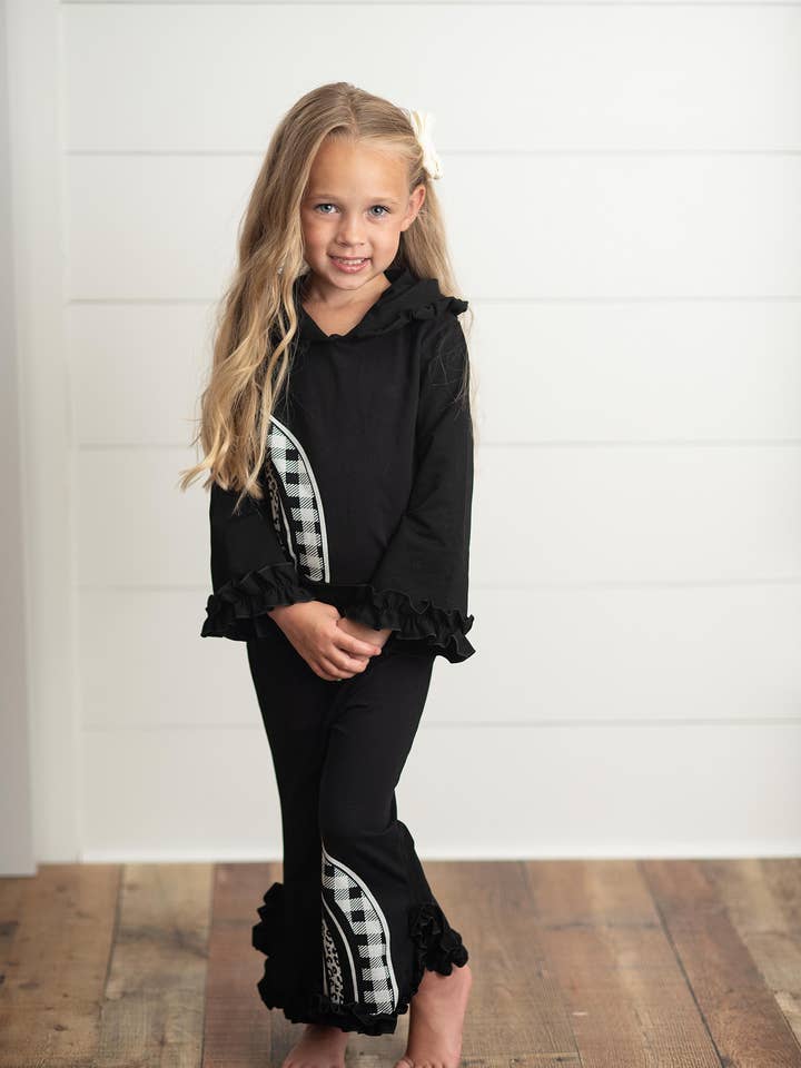 Oopsie Daisy - Wholesale Top & Pant Set - Kids - Kids Black & White Rainbow Check Hooded Ruffle Pocket Set